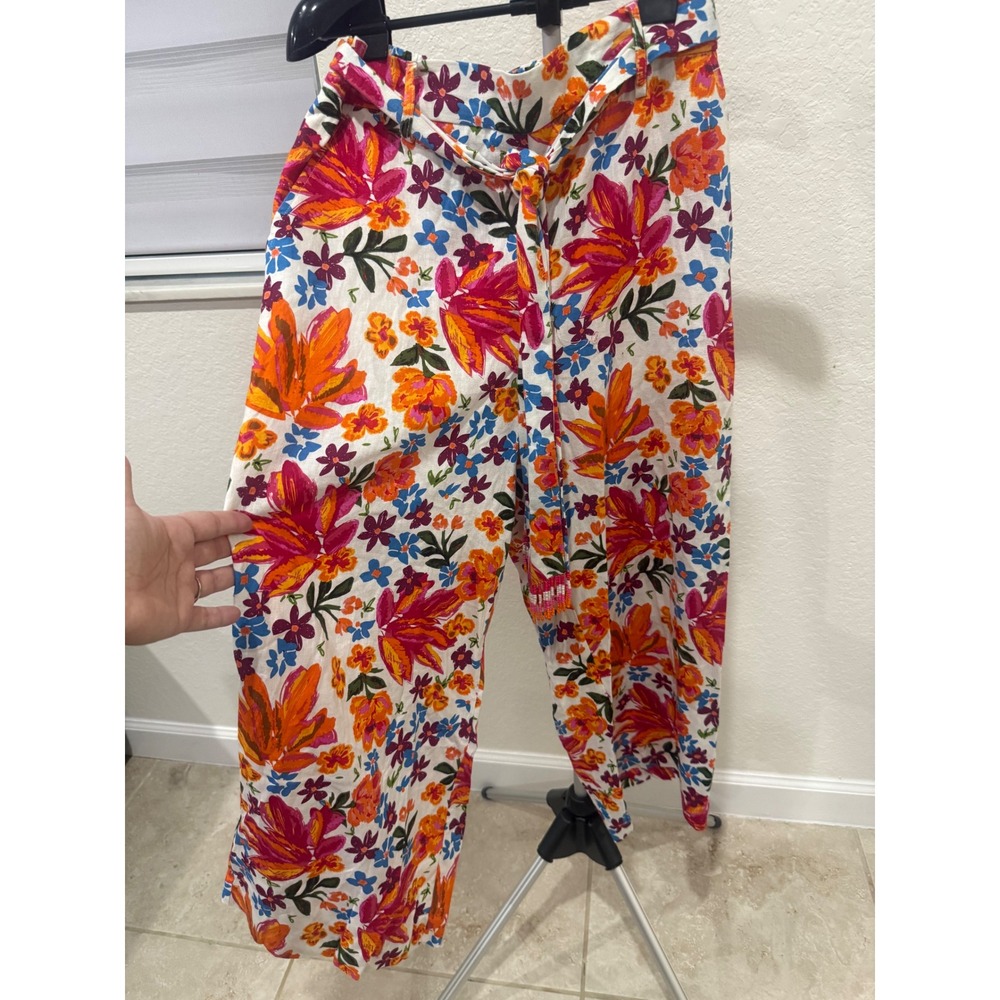 Joie Women Floral Wide Leg Linen Blend Pants Beaded Tassel Belt Multi Color 8